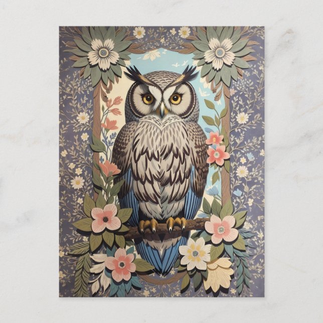 Owl Pastel Floral William Morris Inspired Postcard (Front)