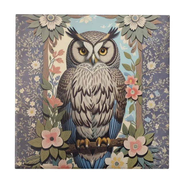 Owl Pastel Floral William Morris Inspired Tile (Front)