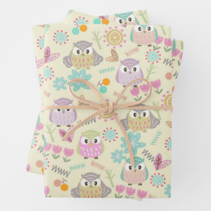 Owl Pastel Yellow   Wrapping Paper Sheet