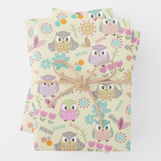 Owl Pastel Yellow   Wrapping Paper Sheet (In situ)