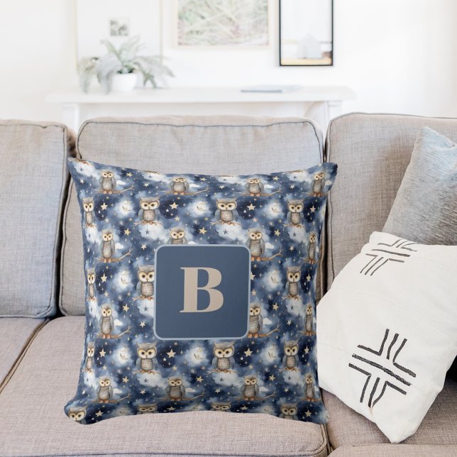 Owl pattern blue night monogram cushion (Creator Uploaded)