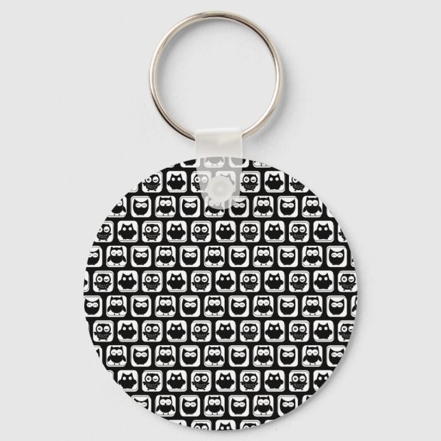 Owl Pattern in Black and White Key Ring (Front)