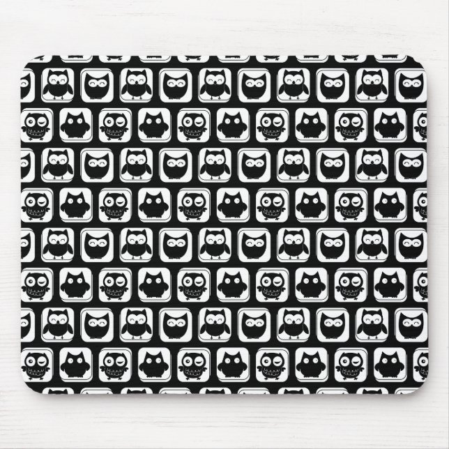 Owl Pattern in Black and White Mouse Mat (Front)