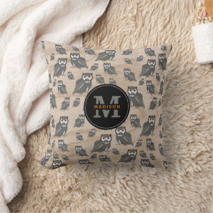 Owl Pattern & Rustic Wood Monogram  Cushion