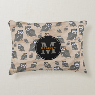Owl Pattern & Rustic Wood Monogram Decorative Cushion