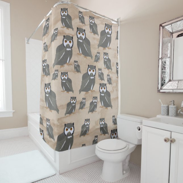 Owl Pattern & Rustic Wood Shower Curtain (In Situ)