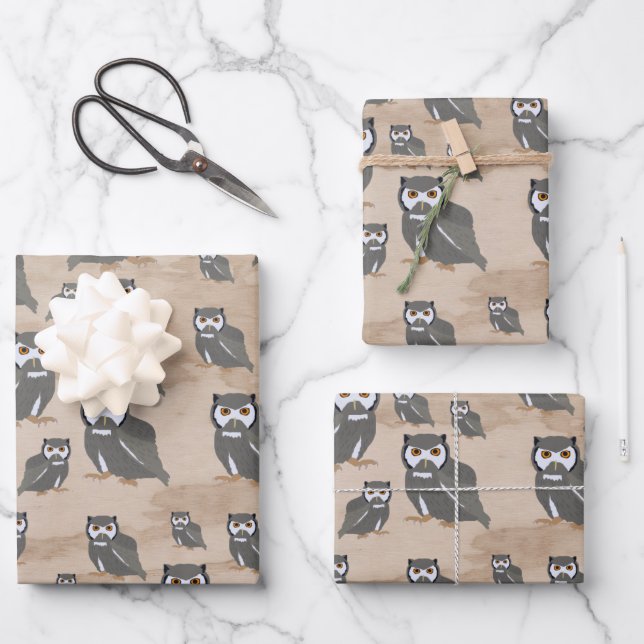 Owl Pattern & Rustic Wood  Wrapping Paper Sheet (Front)