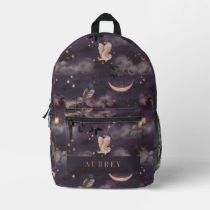 Owl & Peacock Crescent Moon Starry Night Sky  Printed Backpack