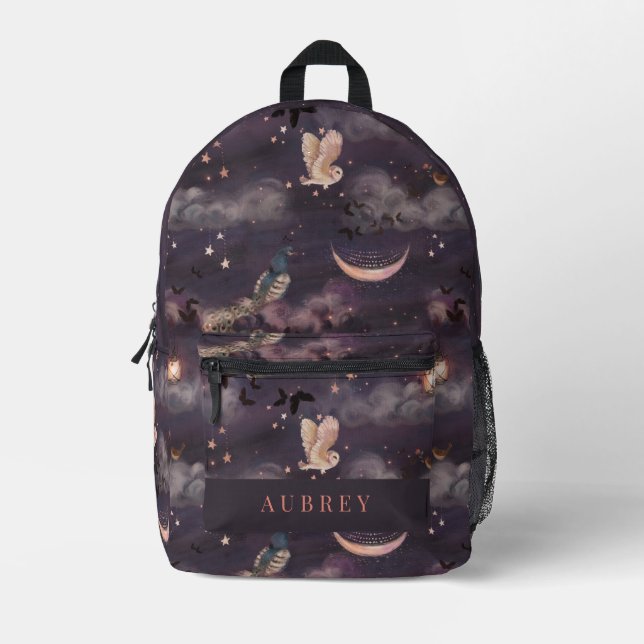 Owl & Peacock Crescent Moon Starry Night Sky  Printed Backpack (Front)