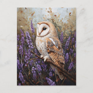 Owl Perched Among Lavender Flowers Postcard