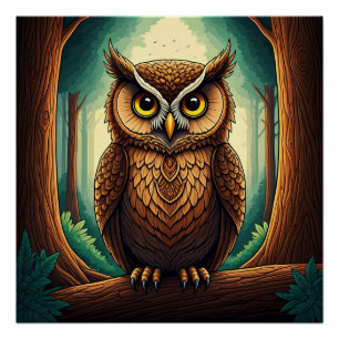 Owl perched on a tree log in a forest poster