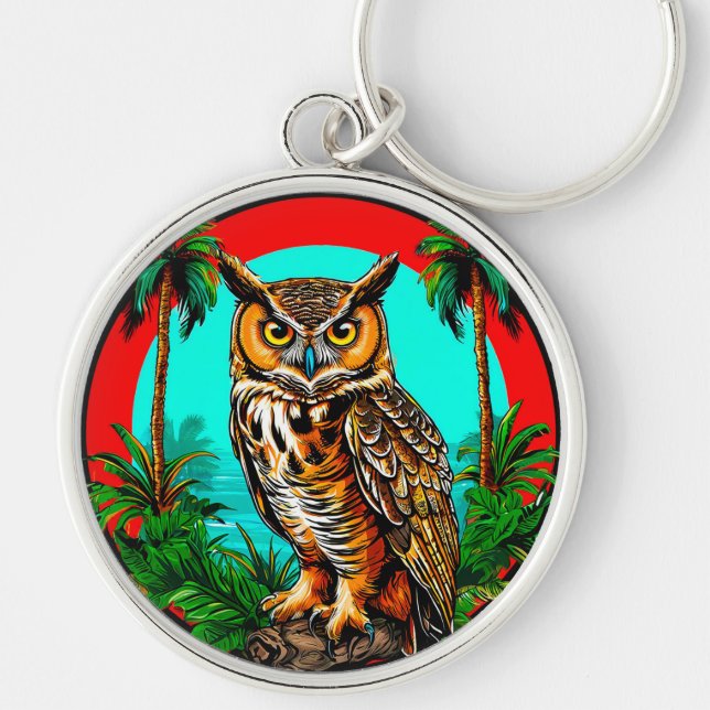 🦉 Owl Perched On Rock Tropical Scene🦉 Key Ring (Front)