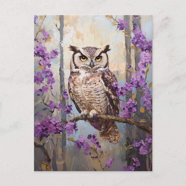 Owl Perched Purple Flowers Painting Postcard (Front)