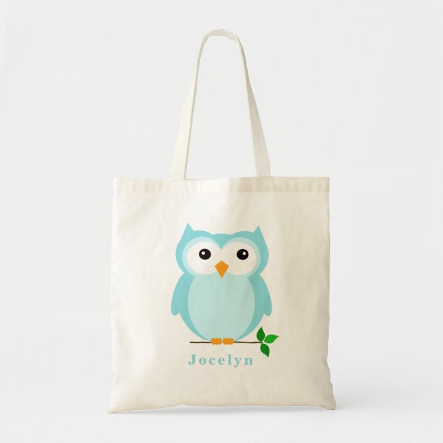 Owl Personalised Tote Bag, Blue Bag (Front)