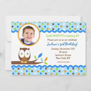 Owl Photo Birthday Party Invitations Boy
