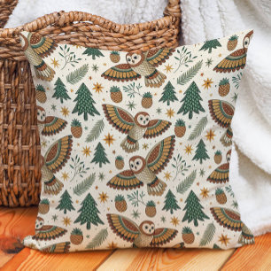 Owl Pine Trees Cones Stars Nature Warm Cushion