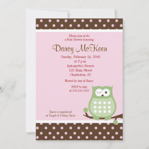 Owl Pink & Brown Dot Baby Shower Invitation