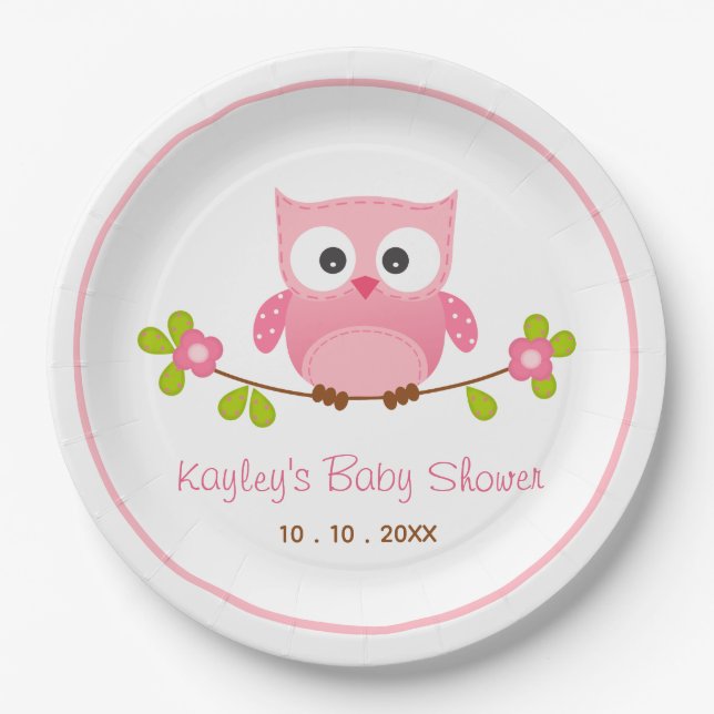 Owl Pink (Girl) Baby Shower Paper Plates (Front)