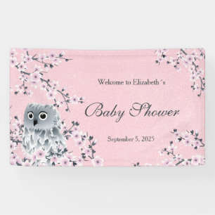 Owl Pink Glitter Cherry Blossom Baby  Banner