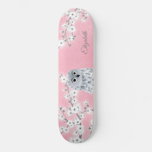Owl  Pink Glitter Cherry Blossoms Monogram Skateboard