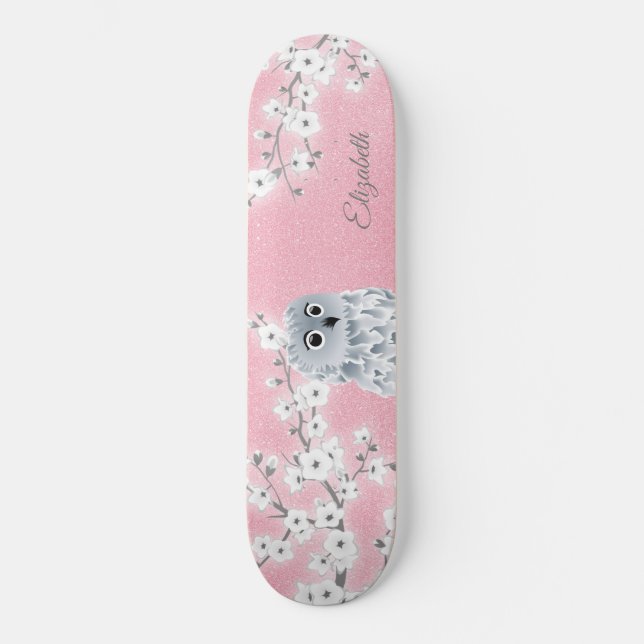 Owl  Pink Glitter Cherry Blossoms Monogram Skateboard (Front)