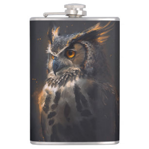 Owl Portrait Animal Nature Wildlife Dark Painting Hip Flask