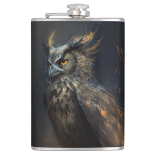 Owl Portrait Animal Nature Wildlife Dark Painting Hip Flask