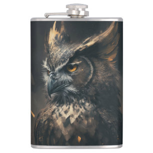 Owl Portrait Animal Nature Wildlife Dark Painting Hip Flask