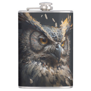 Owl Portrait Animal Nature Wildlife Dark Painting Hip Flask