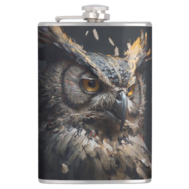 Owl Portrait Animal Nature Wildlife Dark Painting  Hip Flask (Front)