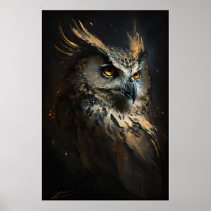 Owl Portrait Animal Nature Wildlife Dark Painting Poster