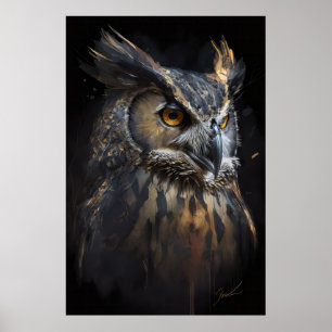 Owl Portrait Animal Nature Wildlife Dark Painting Poster
