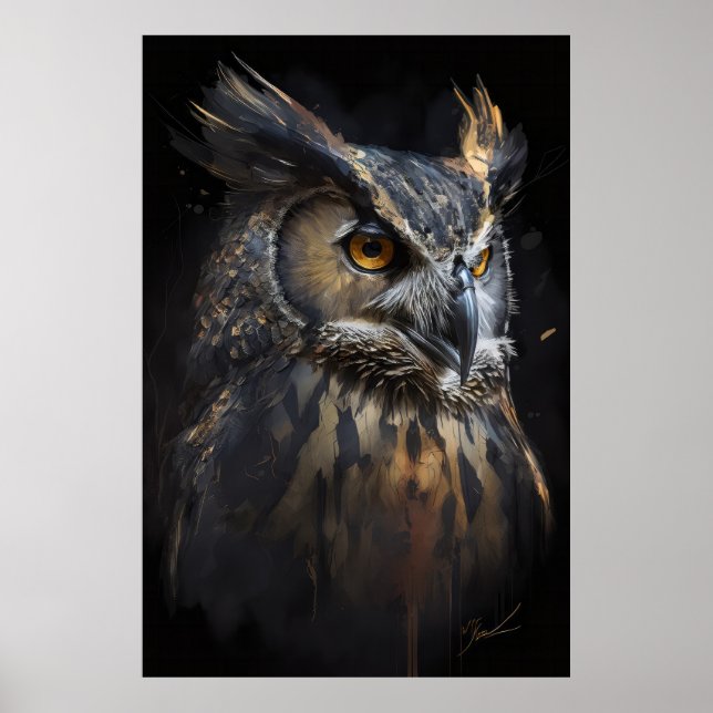 Owl Portrait Animal Nature Wildlife Dark Painting  Poster (Front)