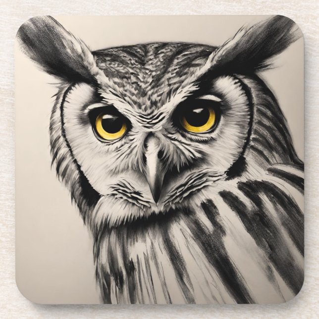 Owl portrait- charcoal sketch coaster (Front)