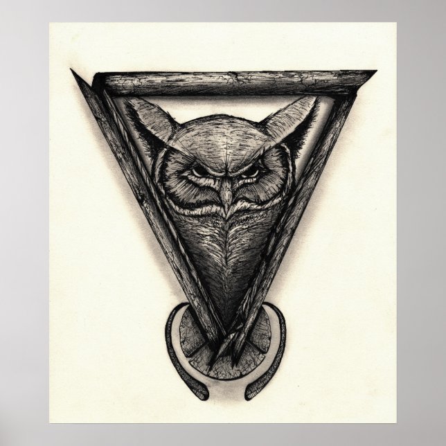 Owl Portrait, Ink and pencil illustration Poster (Front)