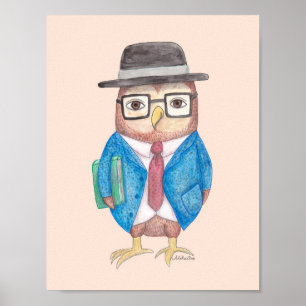 Owl Poster Funny Owl with Book Animal Wall Decor