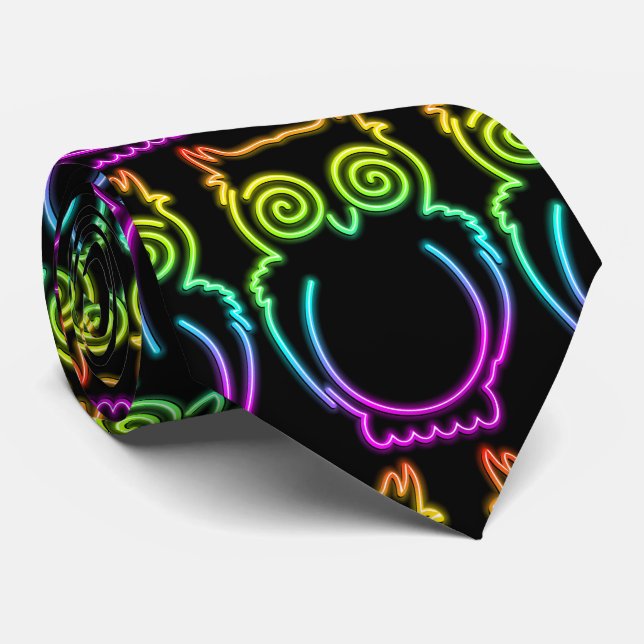 Owl Psychedelic Neon Light Button Tie (Rolled)