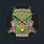 Owl Psychedelic Pop Art Round Clock<br><div class="desc">Owl originally created on Graphic Vector Technique. Every little piece,  like in a Puzzle,  have been assembled first to compose the multicolor circles and the multicolor drops; then,  every single drop and circle have been patiently assembled to compose the entire Owl. This design is under BluedarkArt Copyright.</div>