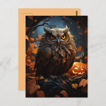 Owl, Pumpkin, and a Full Moon Halloween  Postcard