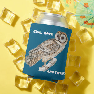 Owl Pun Cute Can Cooler in Blue