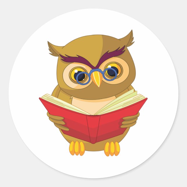 Owl Reading Classic Round Sticker (Front)