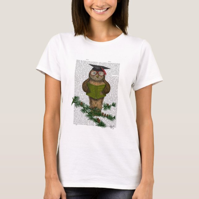 Owl Reading On Branch T-Shirt (Front)