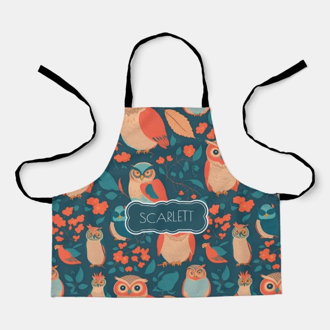 Owl Retro Colourful Personalised Pattern Apron (Front)