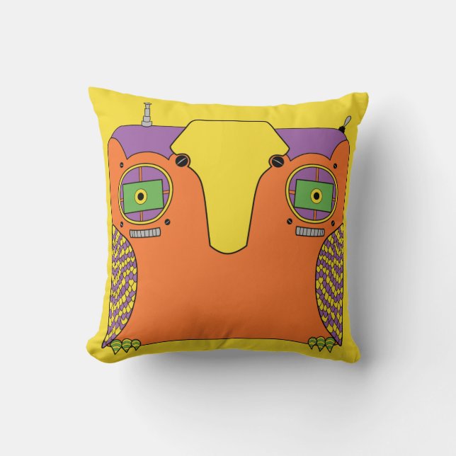 Owl Robot Orange Yellow Green Purple Cushion (Front)