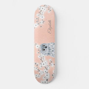 Owl Rose Gold Glitter Cherry Blossoms Monogram Skateboard