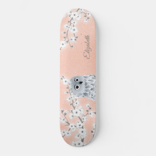 Owl Rose Gold Glitter Cherry Blossoms Monogram   Skateboard