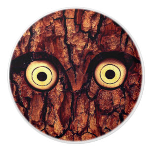 Owl rustic tree bark wood look ceramic knob