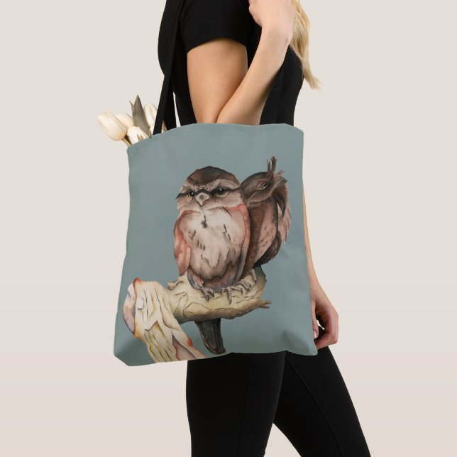 Owl Siblings Watercolor Portrait Tote Bag (Close Up)