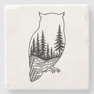 Owl Silhouette with Forest Scene Stone Coaster