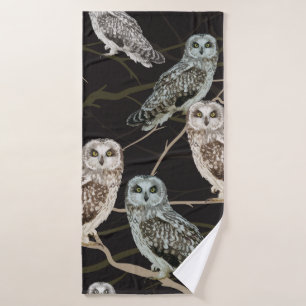 owl sitting on a branch bath towel